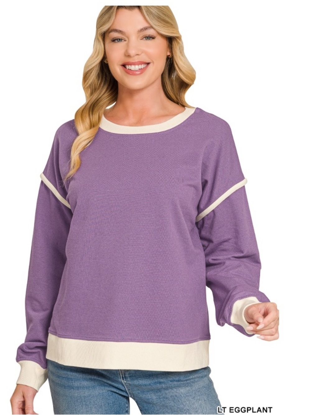 Zenana Outfitters Eggplant Pullover Sweatshirt with Cream Trim